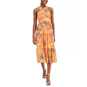 ANNE KLEIN Women's Floral-Print Crossover-Neck Midi Dress, Coral NWT